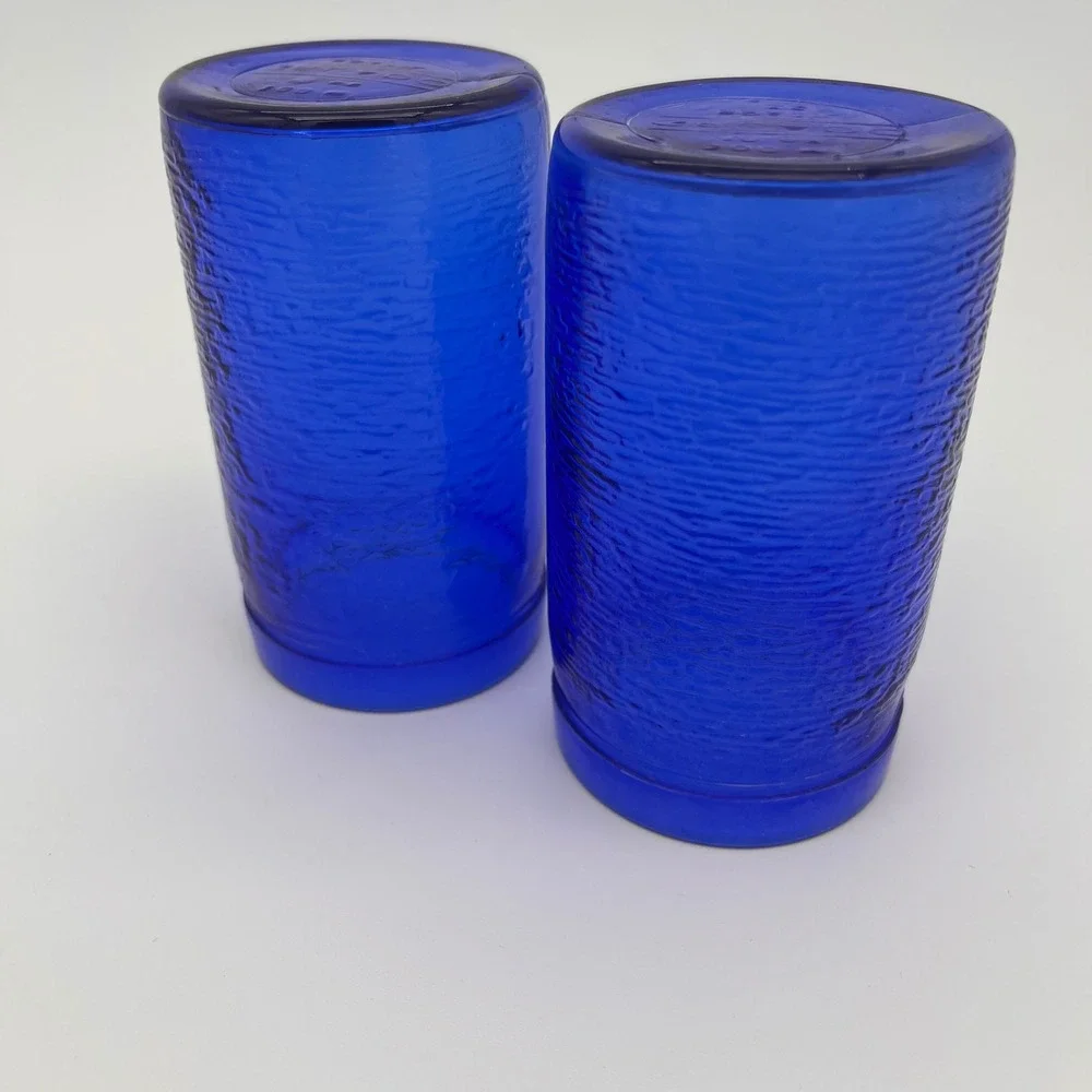 Vintage Cobalt Blue Textured Bark Glass Tumblers Set of 2 Drinking Glasses